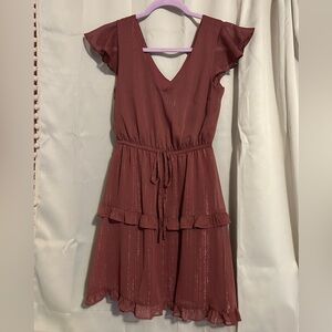 By & By Ruffled Tiered V-Neck Dress in Rusty Pink with Sparkly Accents